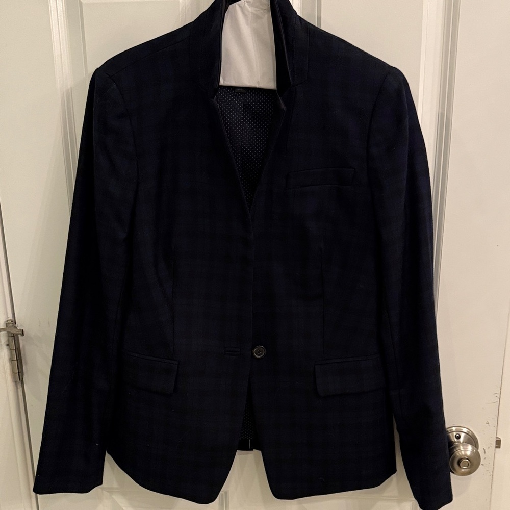 J. Crew Women's 100% Wool Midnight Blue Plaid Blazer, with satin collar.